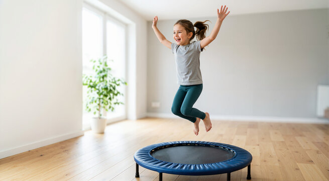 Happy little girl jumping on a mini trampoline at home. Active child having fun and exercising in a bright room. Healthy lifestyle and energy concept