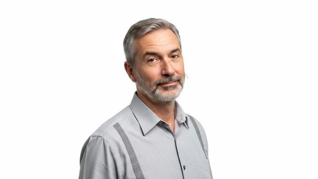 Smiling professional man in a light gray button-down shirt