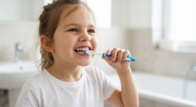 Happy young girl brushing her teeth with a blue toothbrush in the bathroom. Cute child practicing daily dental hygiene and healthy morning routine