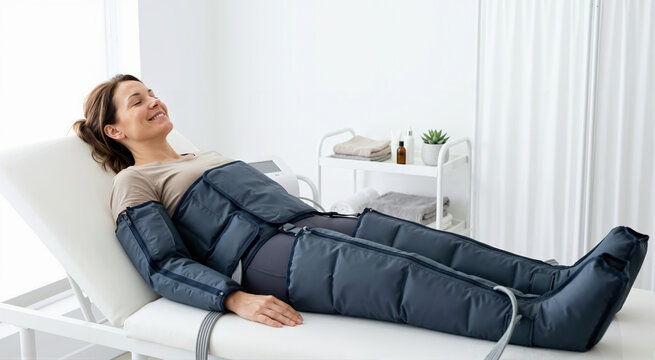 Smiling woman receiving pressotherapy in a lymphatic drainage suit. Female patient relaxing on a treatment bed in a modern wellness clinic