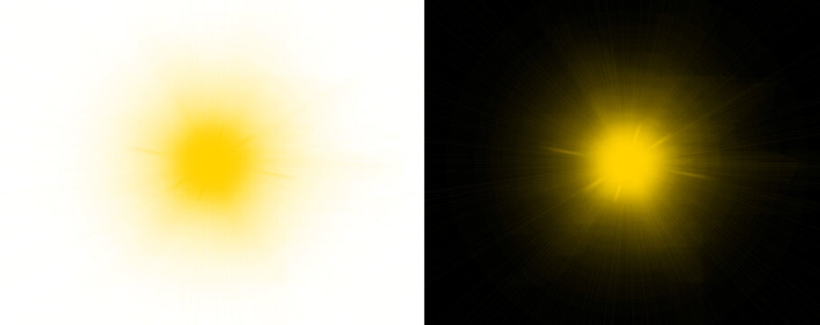 A bright yellow light on a split white and black background with a sunny effect isolated on transparent background