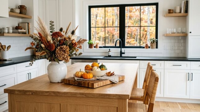 Autumn kitchen interior with wooden island, fall decor, and pumpkins