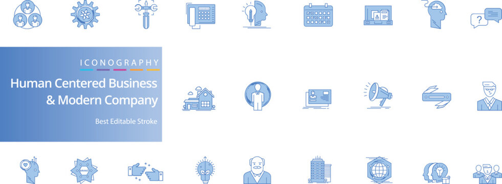 Human centered business and modern company vector line icons for employee experience customer satisfaction design thinking and organizational culture.