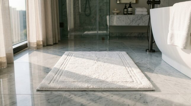 A plush, light-colored bath mat rests on a polished marble floor in a modern bathroom.