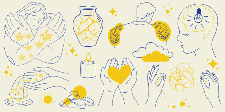 Mental health and self care concept illustrations set. Minimal line art vector elements of psychology, mind wellness, kintsugi vase, self hug and emotional healing.