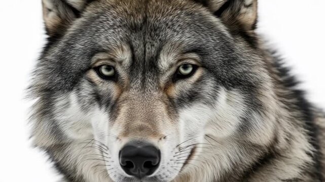 Close-up portrait of a majestic gray wolf with piercing eyes