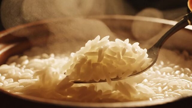 Macro of fluffy white Brazilian rice being fluffed with a fork in a steaming pot. Steam rising beautifully in soft focus, warm studio lighting, 4K, cinematic, high-end food commercial style