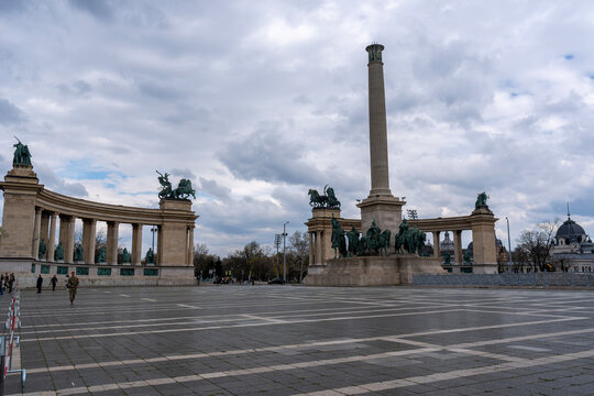 Heroes Square or hosok tere in Budapest, Hungary, Europe. Millennium monument with statues featuring Seven chieftains of the Magyars. Memorial sone of heroes. Tomb of the unknown soldier