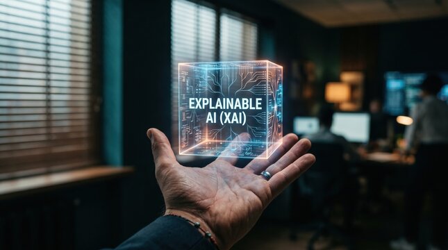 Explainable AI (XAI) Hologram Hovering Over Open Hand in Office Setting