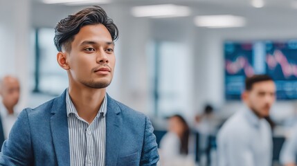 Fototapeta premium Young Asian male financial analyst working in a modern business setting with blurred trading floor and bokeh lights in the background.