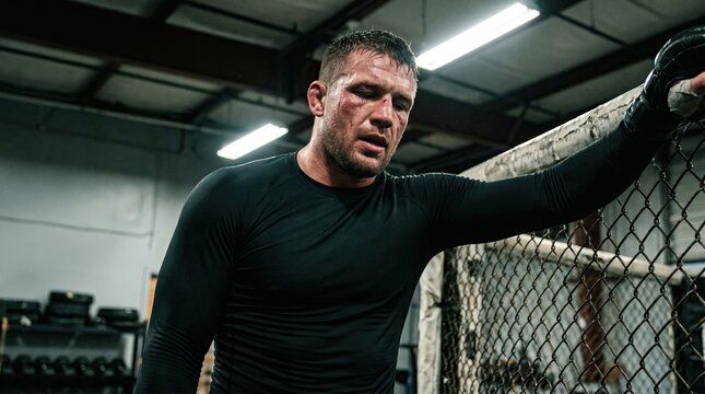Tired mma fighter leaning on cage wall after intense training session in gym with sweat and bruise.