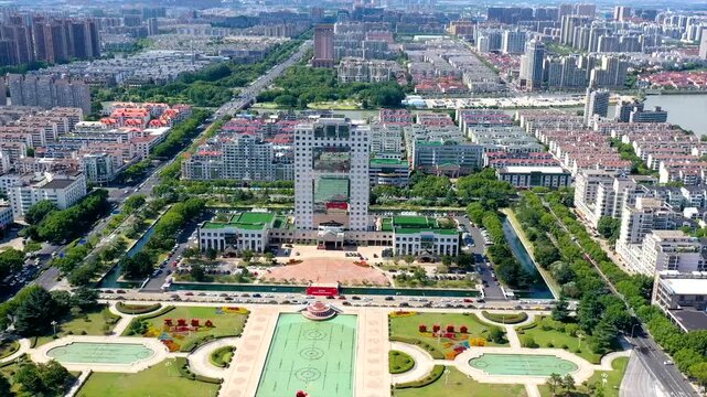 Aerial View of Kunshan Government Complex and Residential District in Kunshan, Jiangsu, China