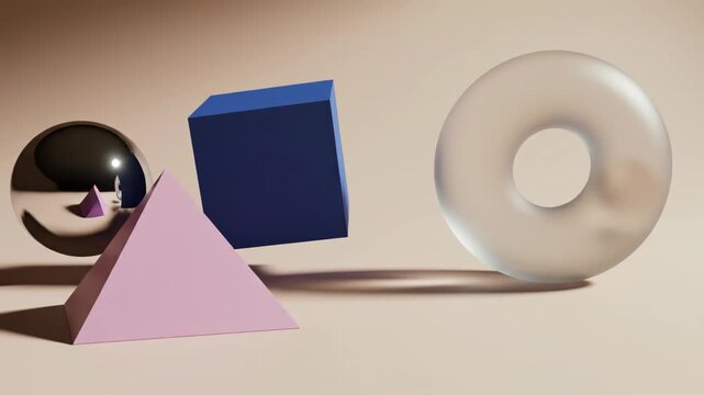 Abstract 3D render of floating geometric shapes including a reflective chrome sphere, matte blue cube, pink pyramid, and frosted glass torus casting soft shadows on a beige background.