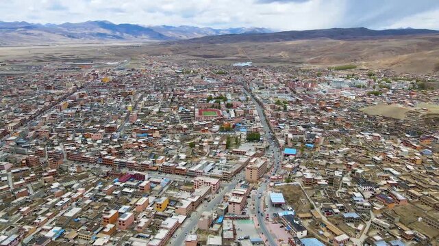 Aerial Mountain Town on the Tibetan Plateau