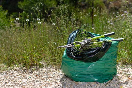 Garden waste bag with gloves and pruning shears on grass