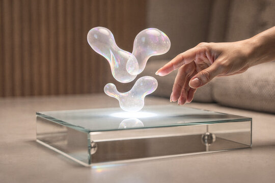 Hand Reaching Towards Floating Iridescent Holographic Bubbles Above a Glowing Glass Platform