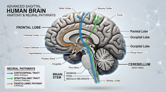 Human brain anatomy and neural pathways diagram with medical illustration
