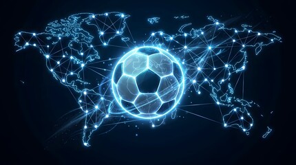 Glowing blue soccer ball on a world map with connections and lines