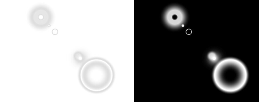 Glowing white circles on white and black backgrounds for design elements isolated on transparent background