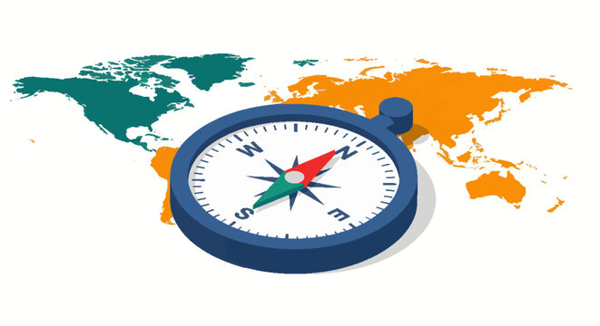 Isometric compass on a world map symbolizing global business strategy, international navigation, market direction, and strategic planning for success and exploration.