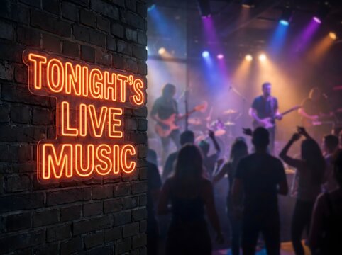 Glowing neon sign tonight live music on brick wall at concert