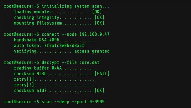 Green monospace terminal interface on dark background, showing fictional system scan, decryption, and network commands. Vector illustration.