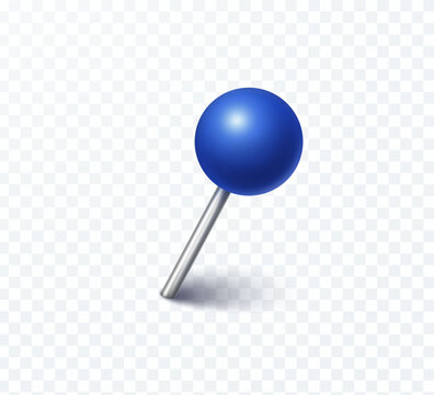 Pin with shadow isolated on transparent background. Vector blue plastic pushpin, 3d board tack or sewing needle template