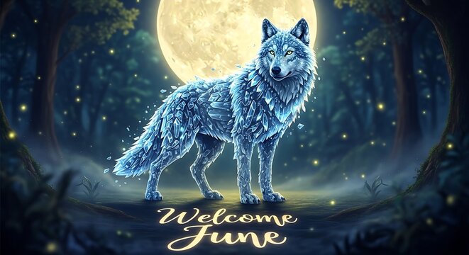 Mystical wolf silhouette glowing in celestial night sky.