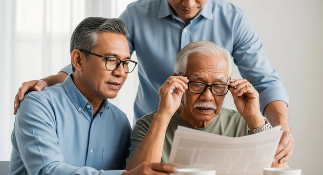 Three generations of Asian men reading news together at home, senior father and adult sons reviewing important documents with focus and family support