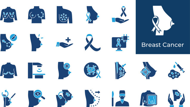 Breast Cancer Awareness Icon Set with Ribbon, Tumor, Screening, Mammogram, Surgery, Biopsy and Oncology Symbols Collection