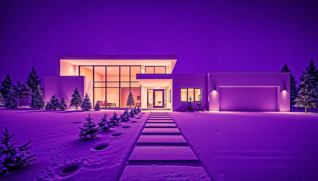 Modern House Exterior with Purple Night Lighting