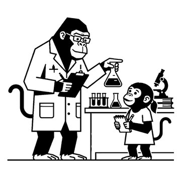 A cartoon illustration of a scientist gorilla teaching a student monkey in a laboratory setting.