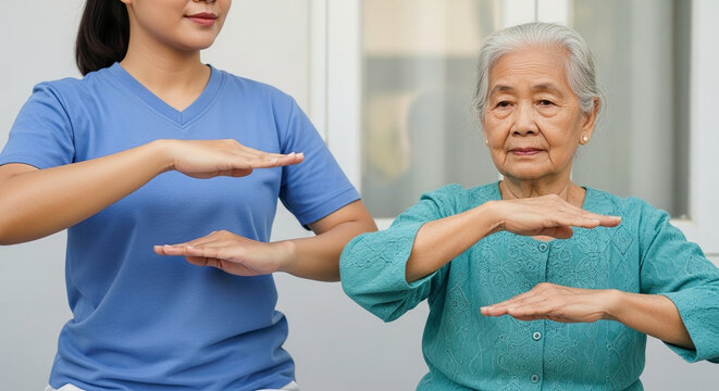 Elderly Asian woman practicing Tai Chi mindfulness and balance exercises with a professional young female caregiver or therapist in a nursing home.