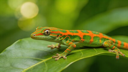 Fototapeta premium Colorful gecko on green leaf