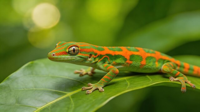 Colorful gecko on green leaf