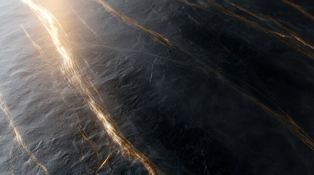 Dark black marble surface with gold light reflection, luxury product mockup backdrop, premium advertising layout