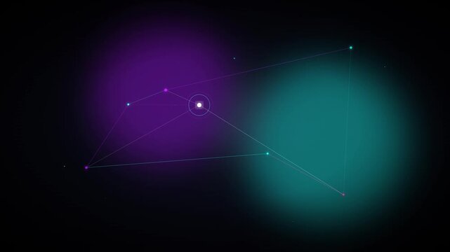Glowing purple and teal orbs connected by lines float in space with stars
