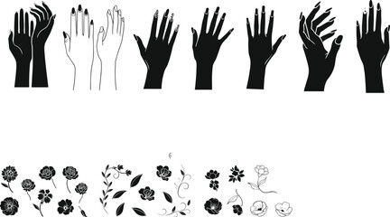 Fototapeta premium Manicure and Nail Art Design Element Set with Hand Gestures, Ornate Acrylic Nails, Floral Motifs, and Botanical Branch Line Art Vectors for Beauty Salons