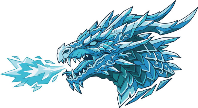 Ice dragon head breathing frost and cold crystal flames vector emblem