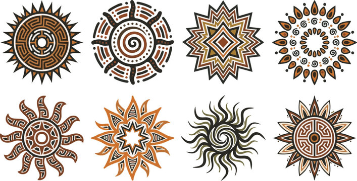 Tribal sun symbols and ancient ethnic mandala sunburst ornaments set