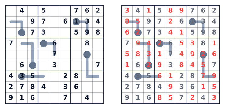 Sudoku puzzle with marked numbers and highlights for solutions  
