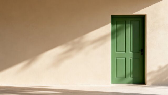 Green door on beige wall with shadows