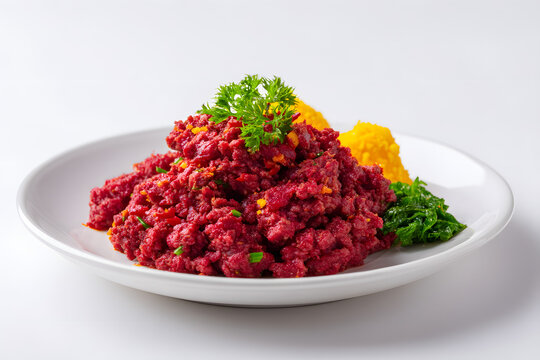 Classic Ethiopian Kitfo Served on a Full Plate with Sides of Greens and Yellow Dish