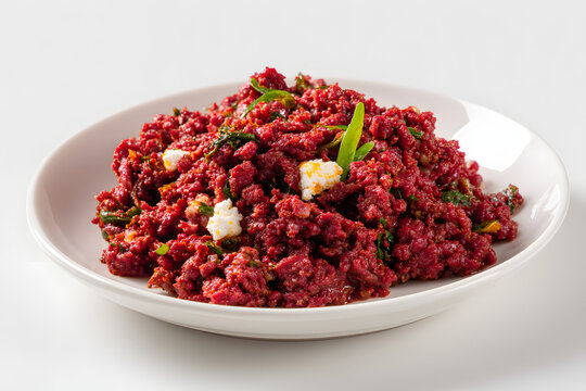 Classic Ethiopian Kitfo Served on a White Plate Garnished with Fresh Greens and Cheese