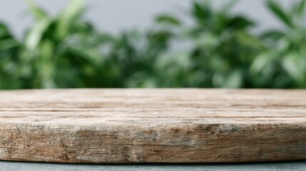 Fototapeta premium Wooden tabletop with blurred botanical background, natural product display mockup, organic advertising backdrop
