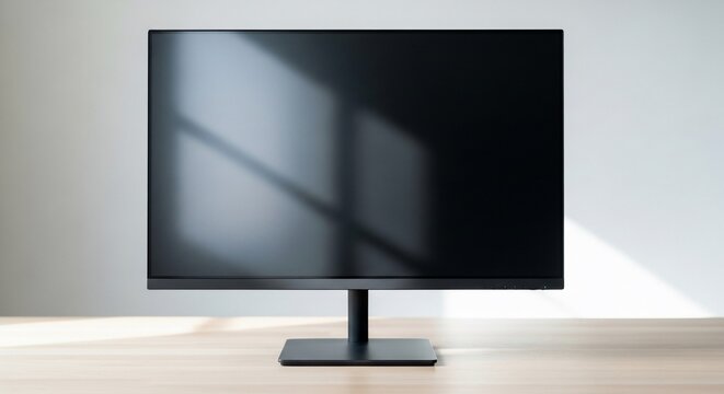 Modern Black Computer Monitor Display on a Wooden Desk.