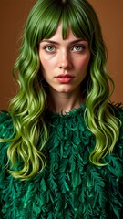 Fototapeta premium portrait young woman long wavy green hair she has serious expression her face looking directly camera her hair styled loose waves falls over her shoulders she wearing green feathered top high