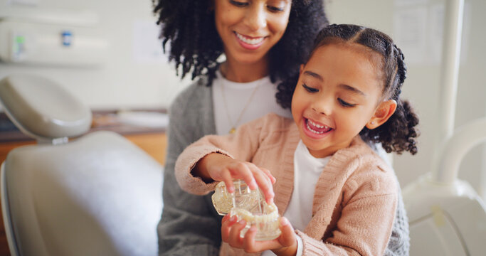 Happy child, mother and tooth model for dental wellness, learning and oral health in dentist office. Mom, girl and pediatric orthodontics with teeth, education and play with typodont with parent
