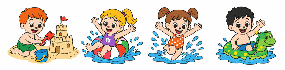 Naklejka premium Set of four cute cartoon children playing in summer water including sandcastle building, splashing, swimming and riding a toy dinosaur. Beach and pool activity scene collection.