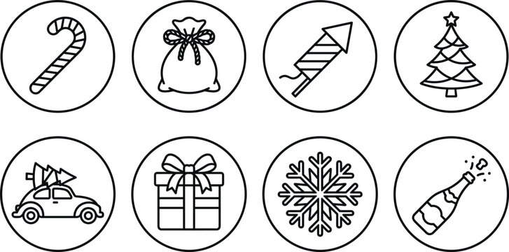 Christmas and New Year Holiday Line Art Vector Icon Set Featuring Candy Cane Gift Sack Rocket Firework Tree Winter Car Snowflake and Champagne Bottle